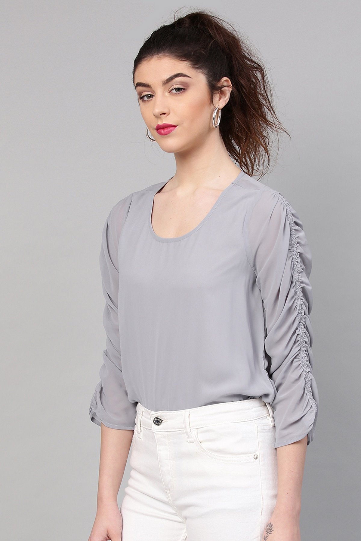 Women's Grey Ruched Sleeves Crop Top