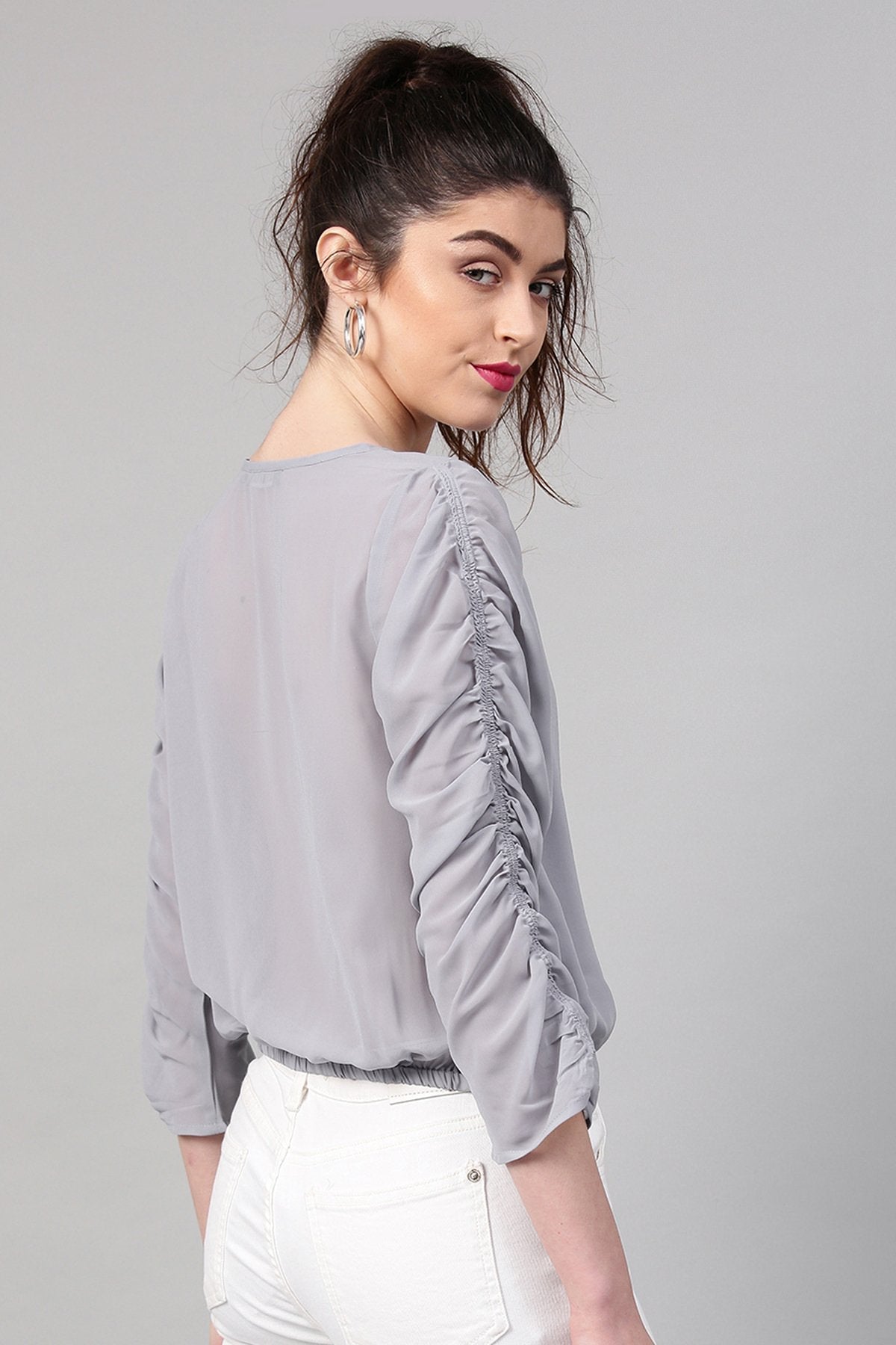 Women's Grey Ruched Sleeves Crop Top