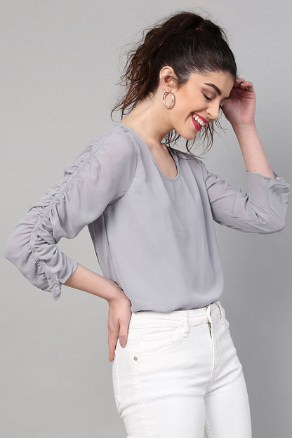 Women's Grey Ruched Sleeves Crop Top