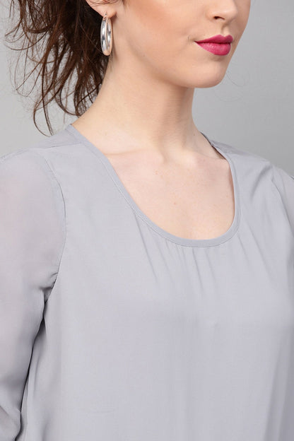 Women's Grey Ruched Sleeves Crop Top