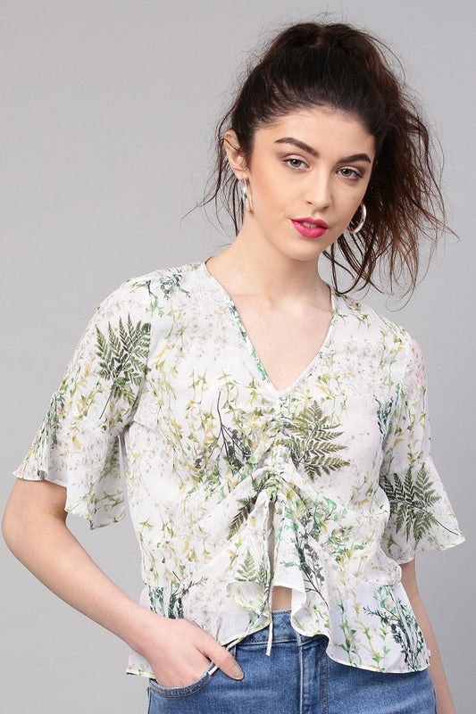 Women's Off-White Floral Ruched Front Crop Top