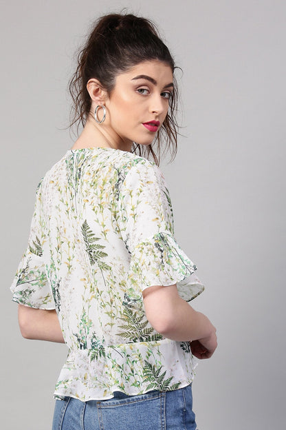 Women's Off-White Floral Ruched Front Crop Top