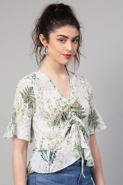 Women's Off-White Floral Ruched Front Crop Top
