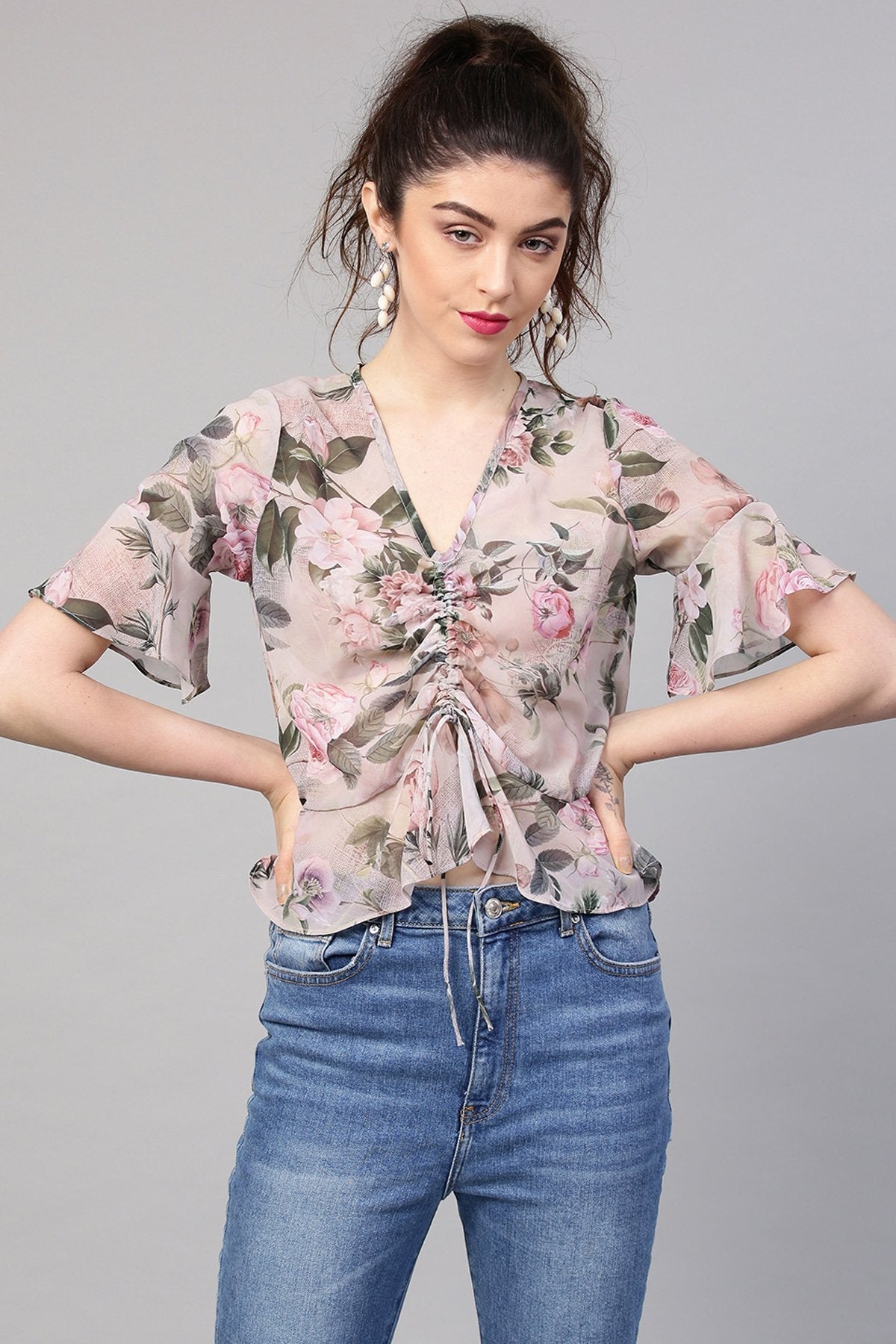 Women's Pista Green Floral Ruched Front Crop Top