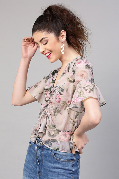 Women's Pista Green Floral Ruched Front Crop Top