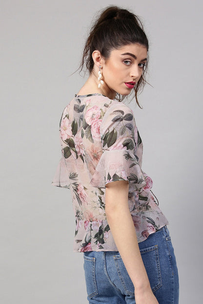 Women's Pista Green Floral Ruched Front Crop Top