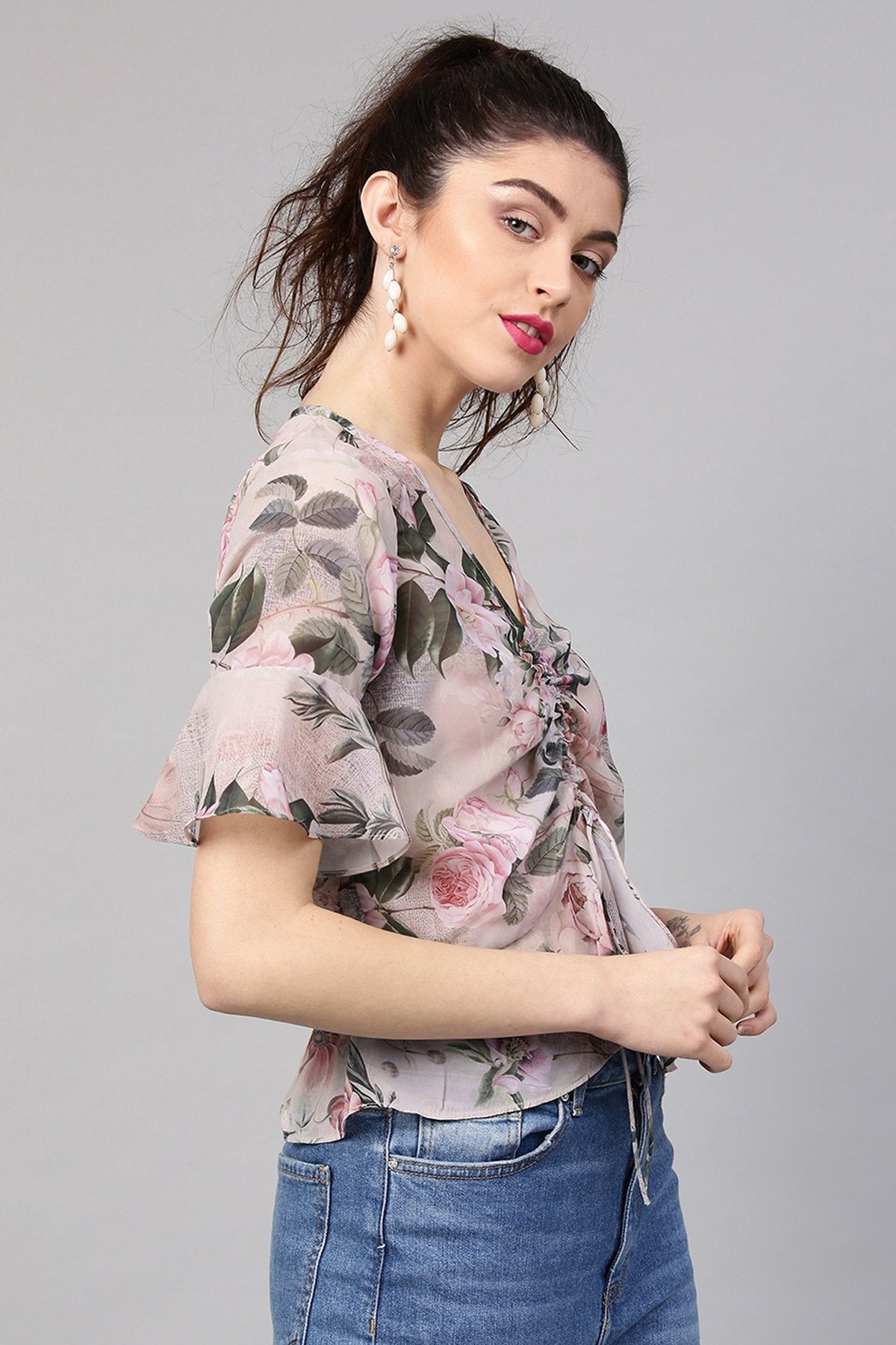 Women's Pista Green Floral Ruched Front Crop Top