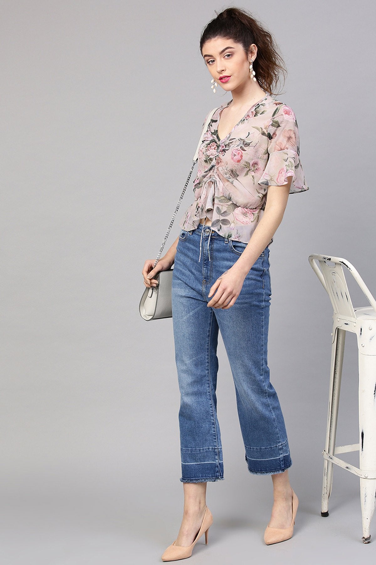 Women's Pista Green Floral Ruched Front Crop Top