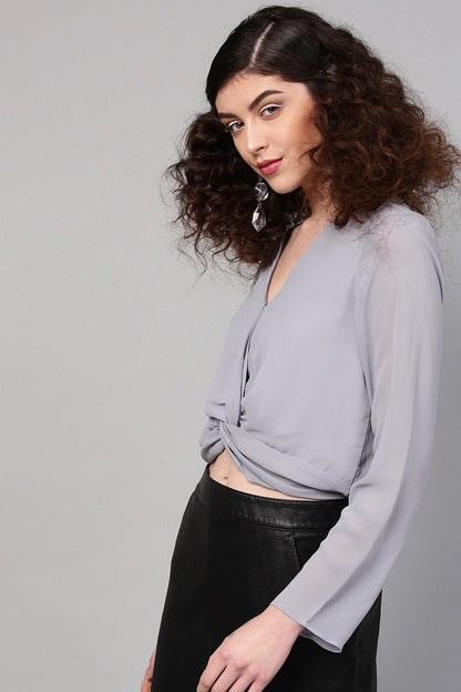 Women's Grey Front Twist Crop Top