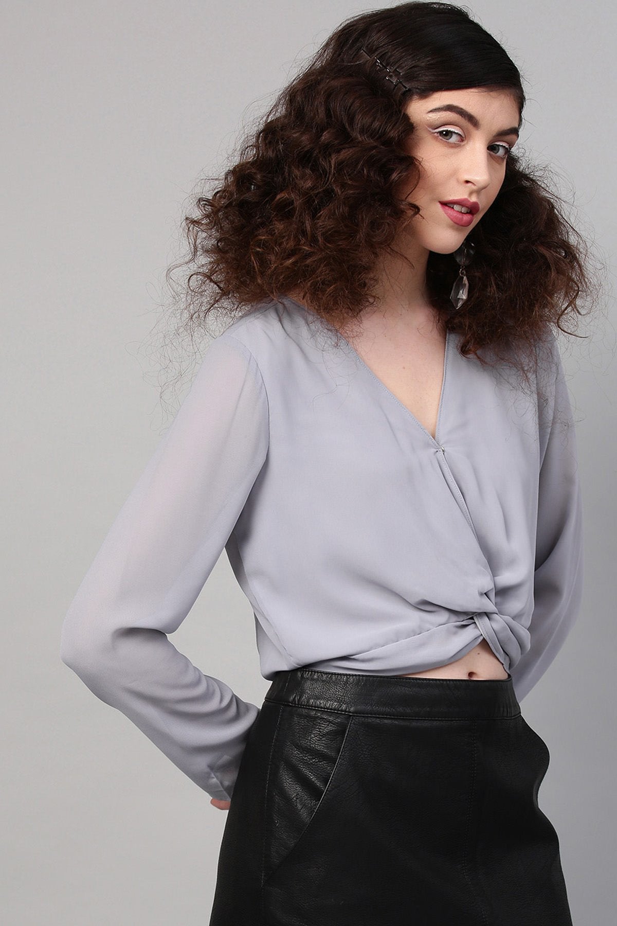 Women's Grey Front Twist Crop Top