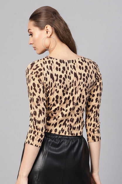 Women's Beige Cheetah Long Sleeve Crop Top