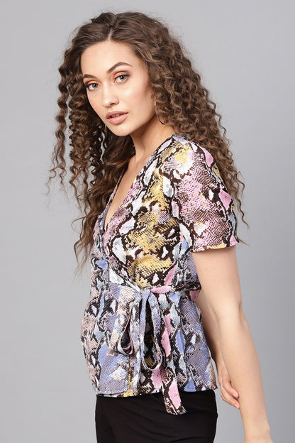 Women's Blue Python Wrap Top