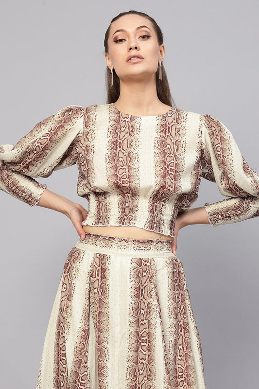 Women's Brown Snake Smocked Crop Top