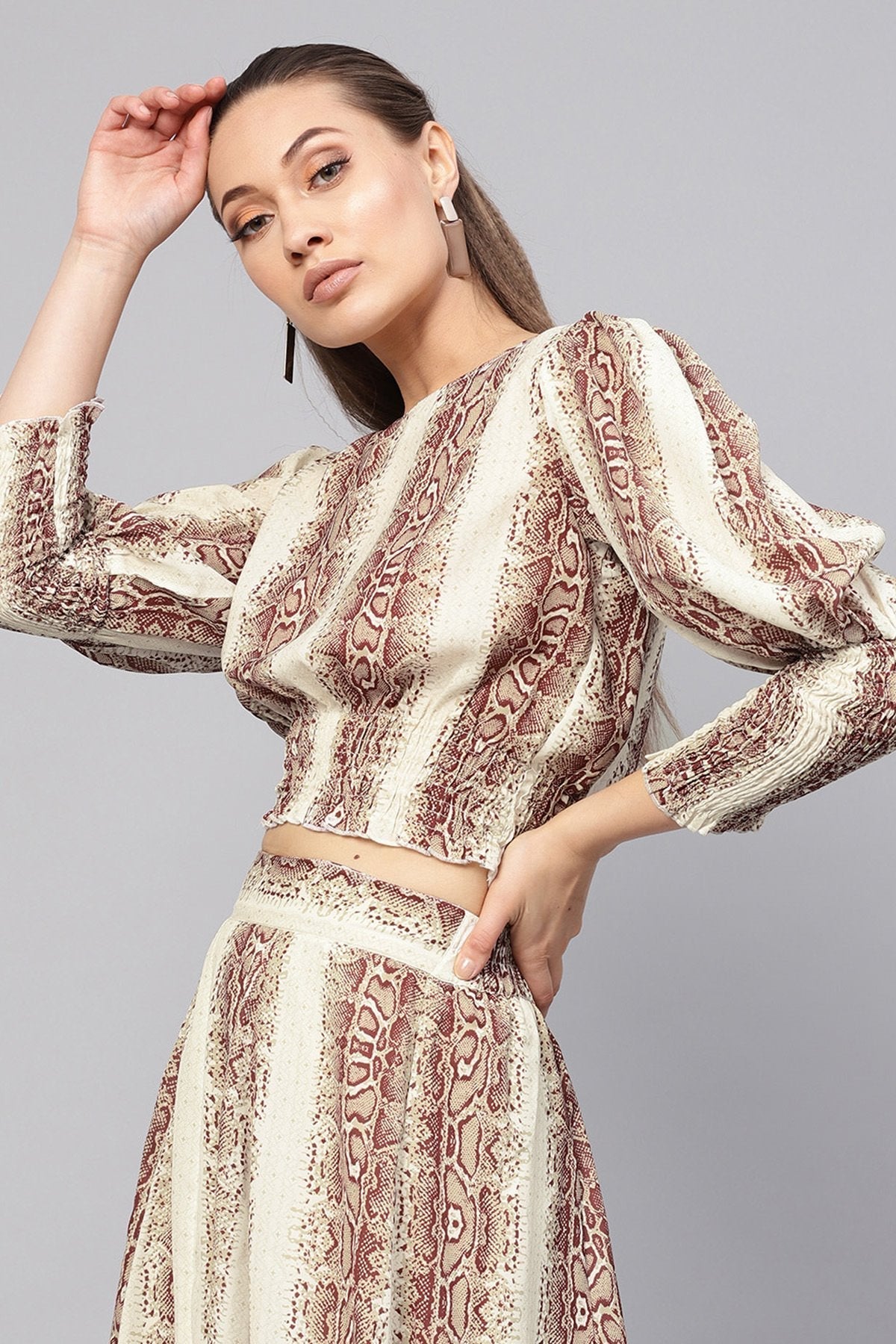 Women's Brown Snake Smocked Crop Top
