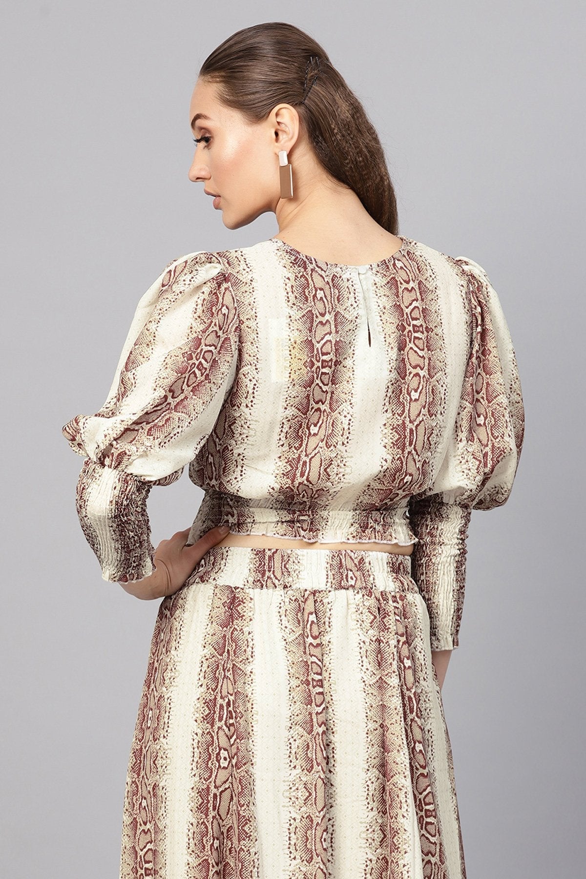 Women's Brown Snake Smocked Crop Top
