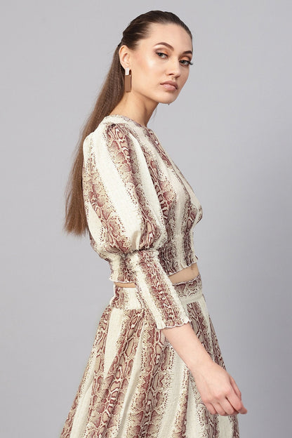 Women's Brown Snake Smocked Crop Top