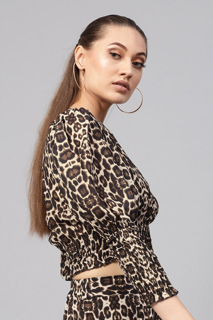 Women's Black Cheetah Smocked Crop Top