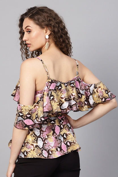 Women's Pink Python Strappy Cold Shoulder Top