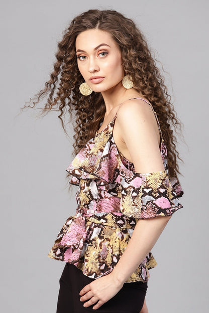 Women's Pink Python Strappy Cold Shoulder Top