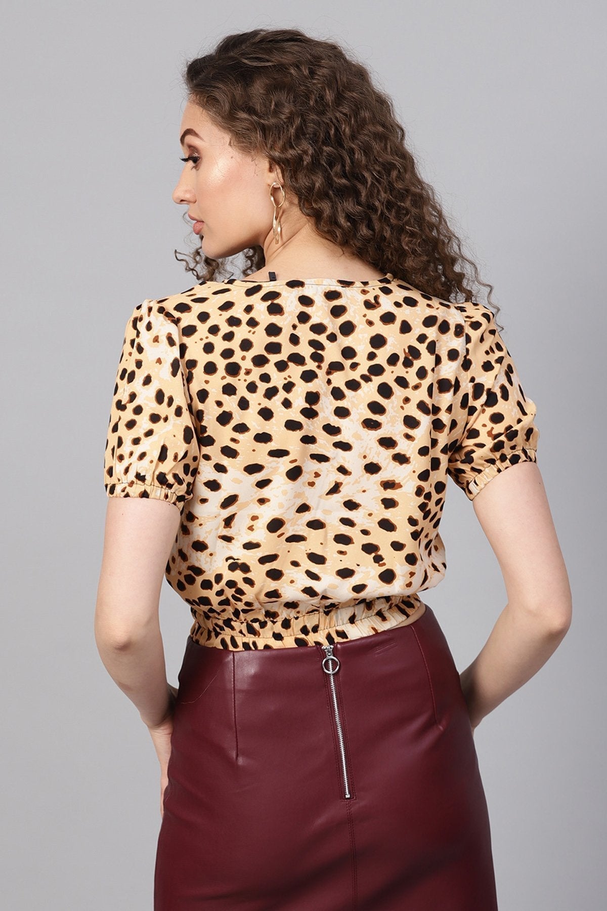Women's Beige Leopard Wrap Crop Top