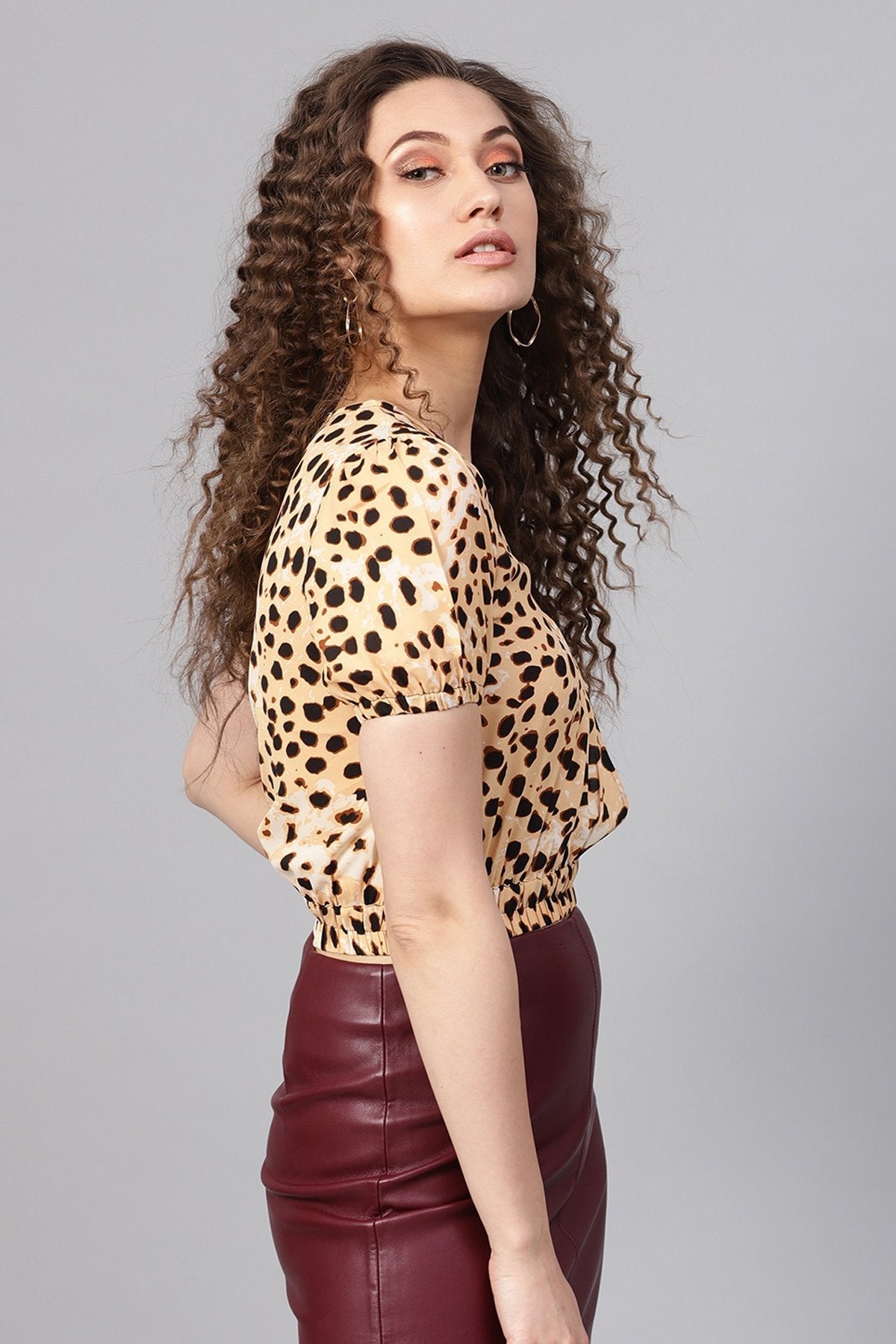 Women's Beige Leopard Wrap Crop Top