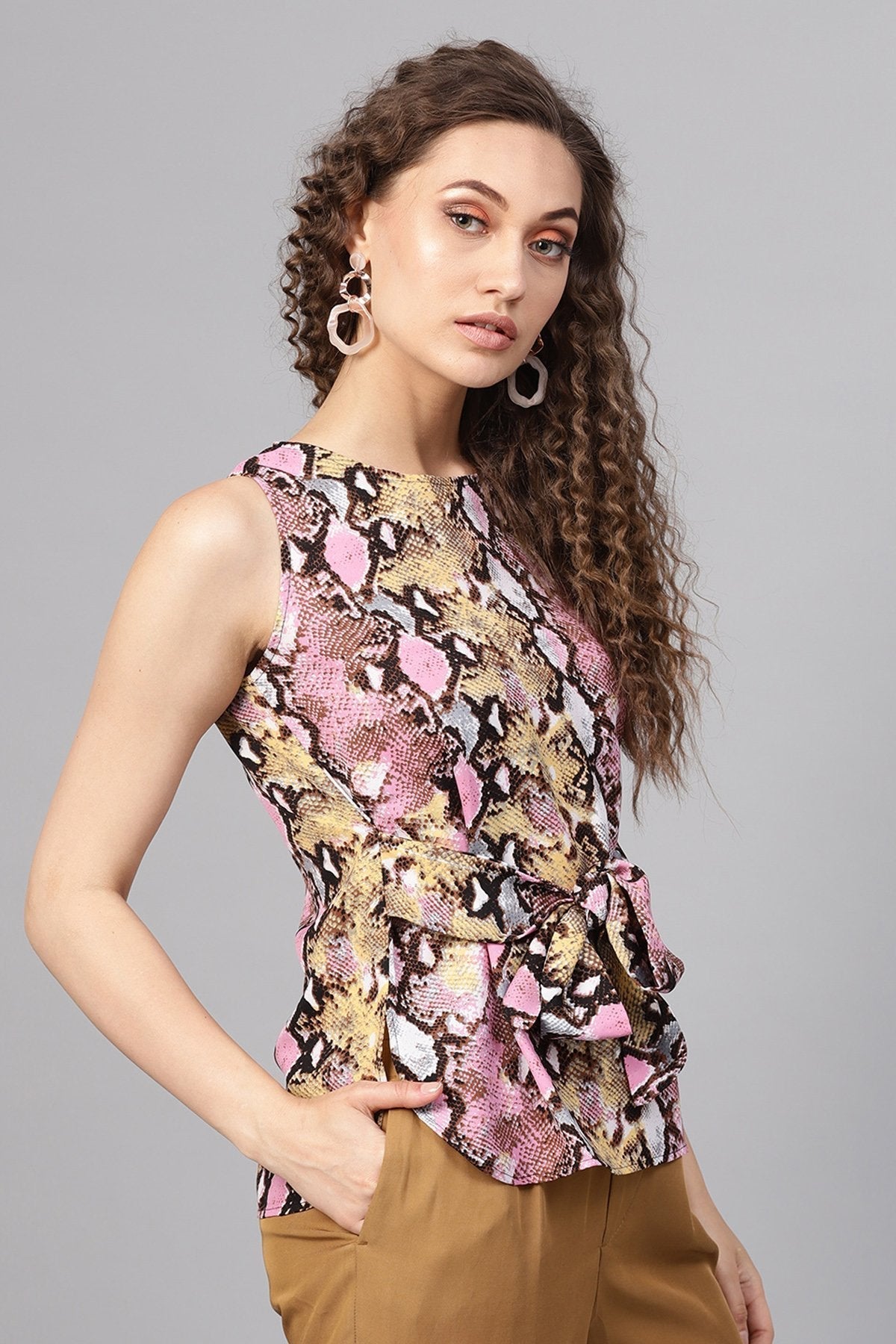 Women's Pink Python Front Tie Sleeveless Top