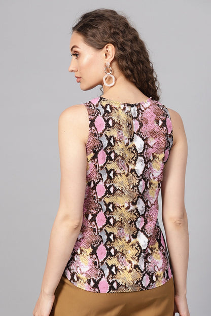 Women's Pink Python Front Tie Sleeveless Top