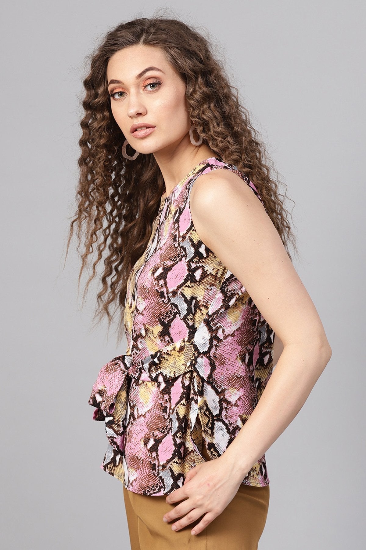 Women's Pink Python Front Tie Sleeveless Top