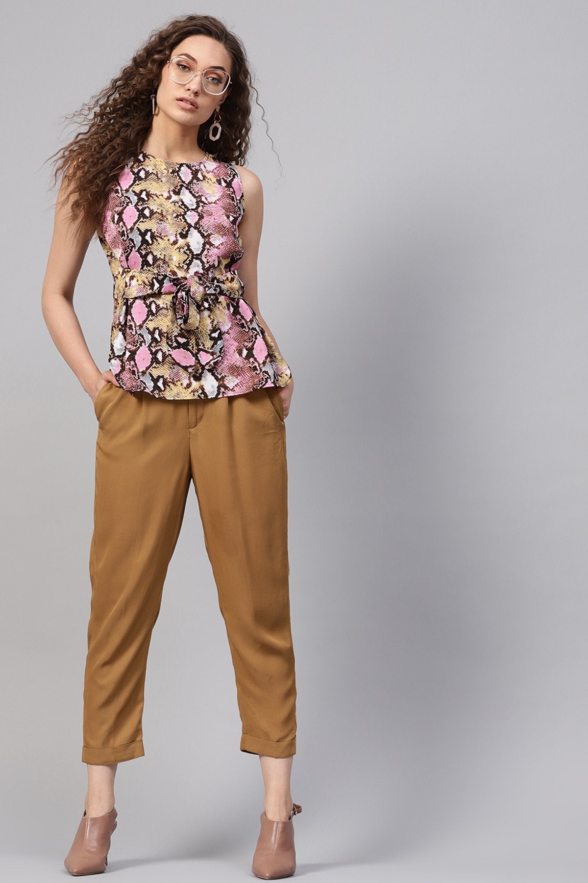 Women's Pink Python Front Tie Sleeveless Top