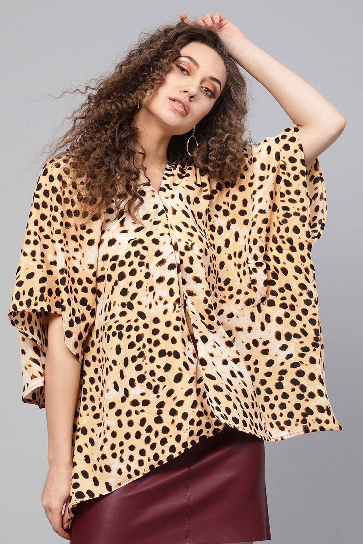 Women's Beige Leopard Boxy Wrap Top