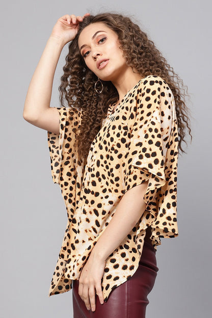 Women's Beige Leopard Boxy Wrap Top