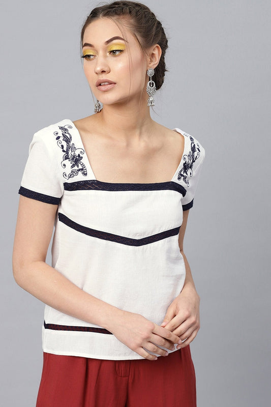 Women's White Neck Yoke Embroidered Top