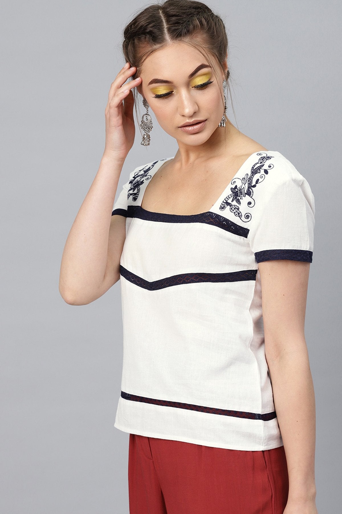 Women's White Neck Yoke Embroidered Top