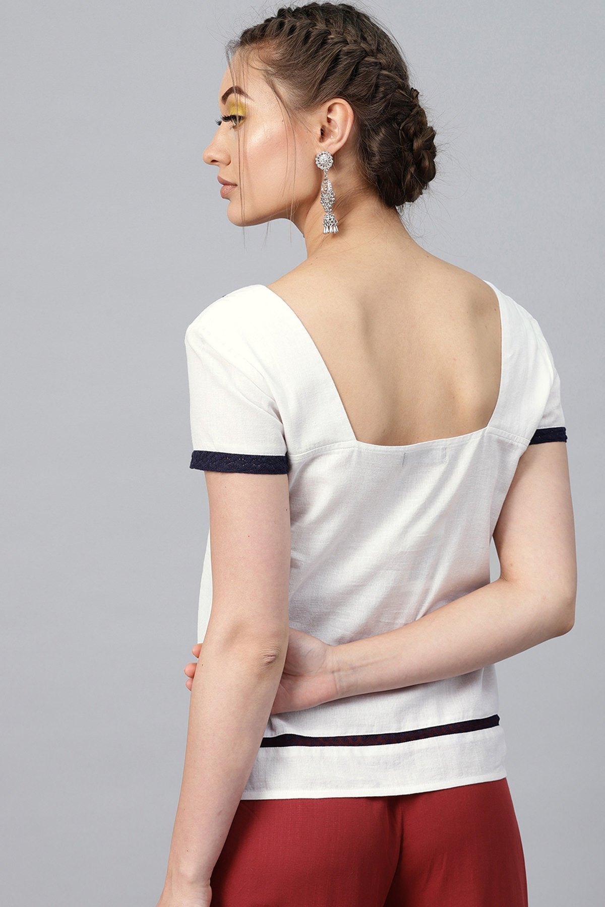 Women's White Neck Yoke Embroidered Top