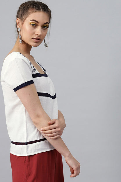 Women's White Neck Yoke Embroidered Top