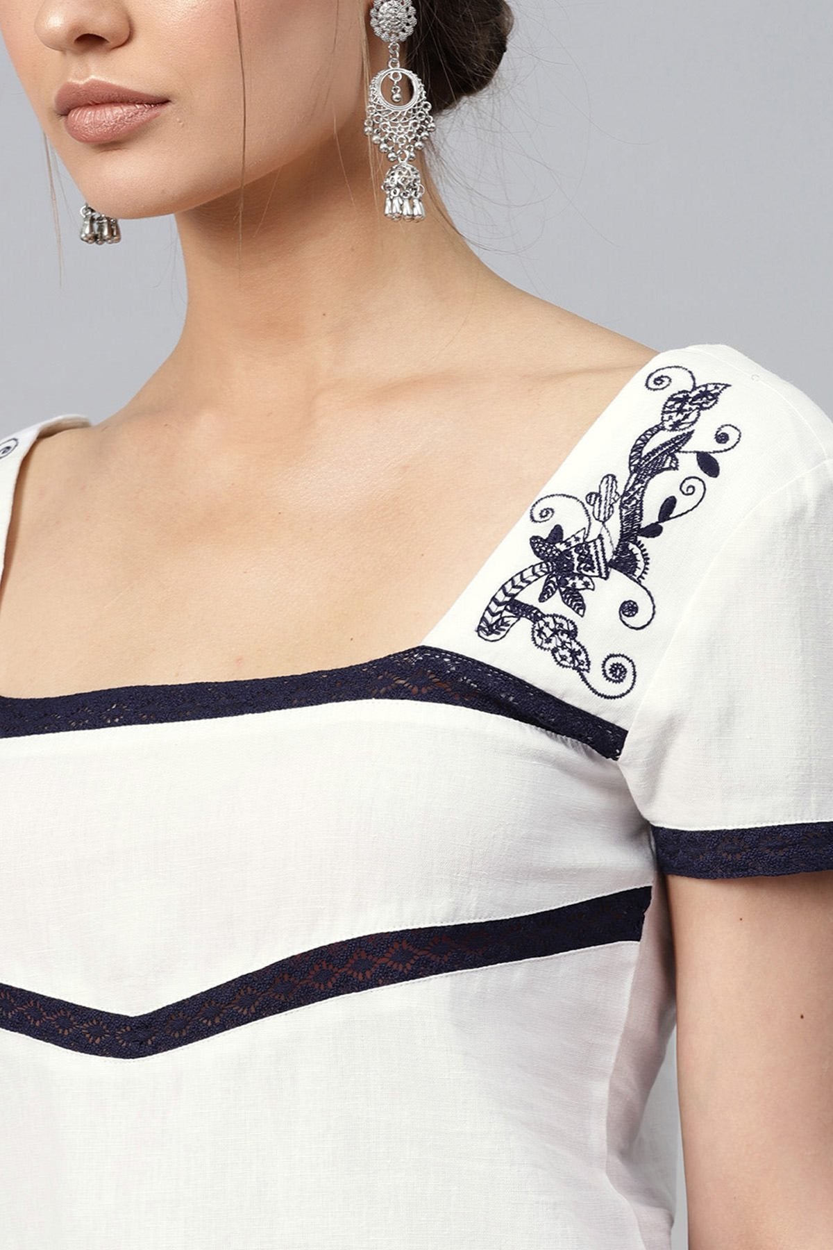 Women's White Neck Yoke Embroidered Top