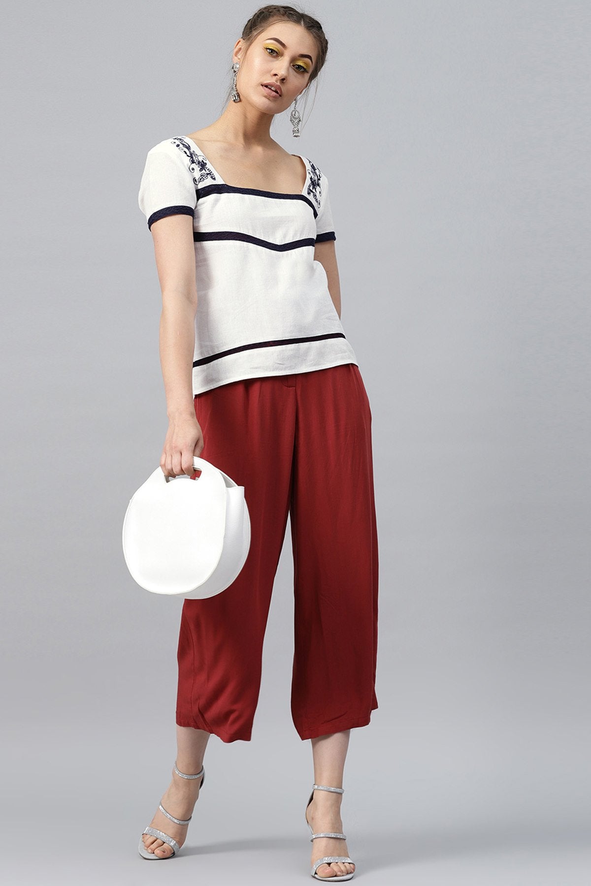 Women's White Neck Yoke Embroidered Top