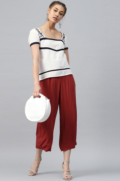 Women's White Neck Yoke Embroidered Top