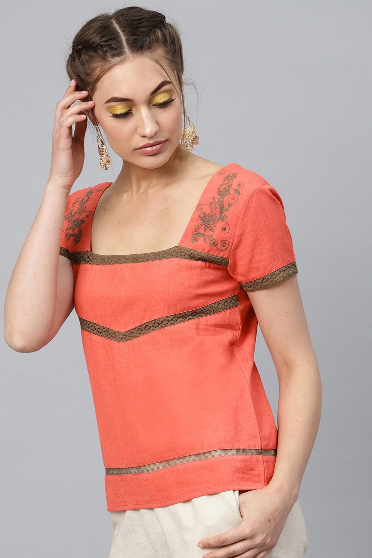Women's Coral Neck Yoke Embroidered Top