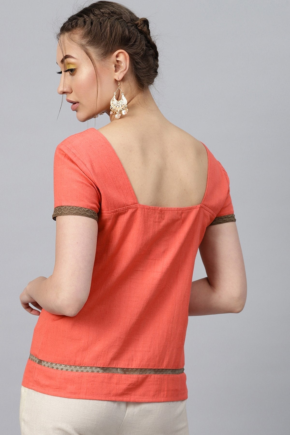 Women's Coral Neck Yoke Embroidered Top