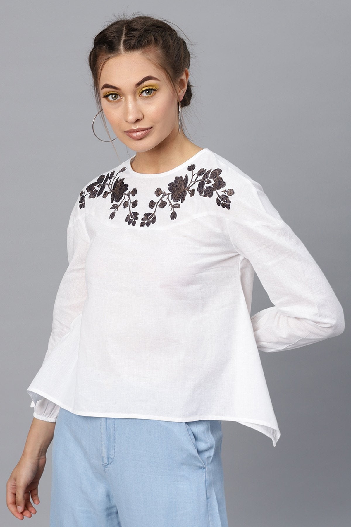 Women's White Neck Embroidered Top