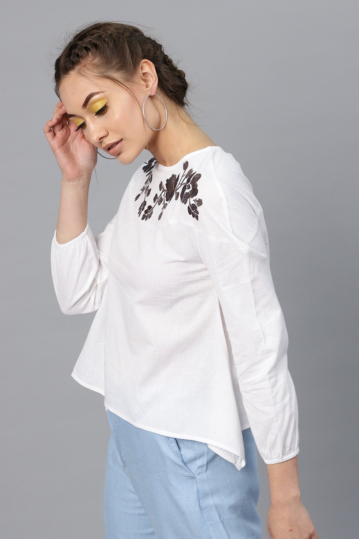 Women's White Neck Embroidered Top