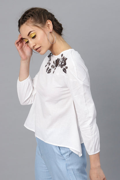 Women's White Neck Embroidered Top