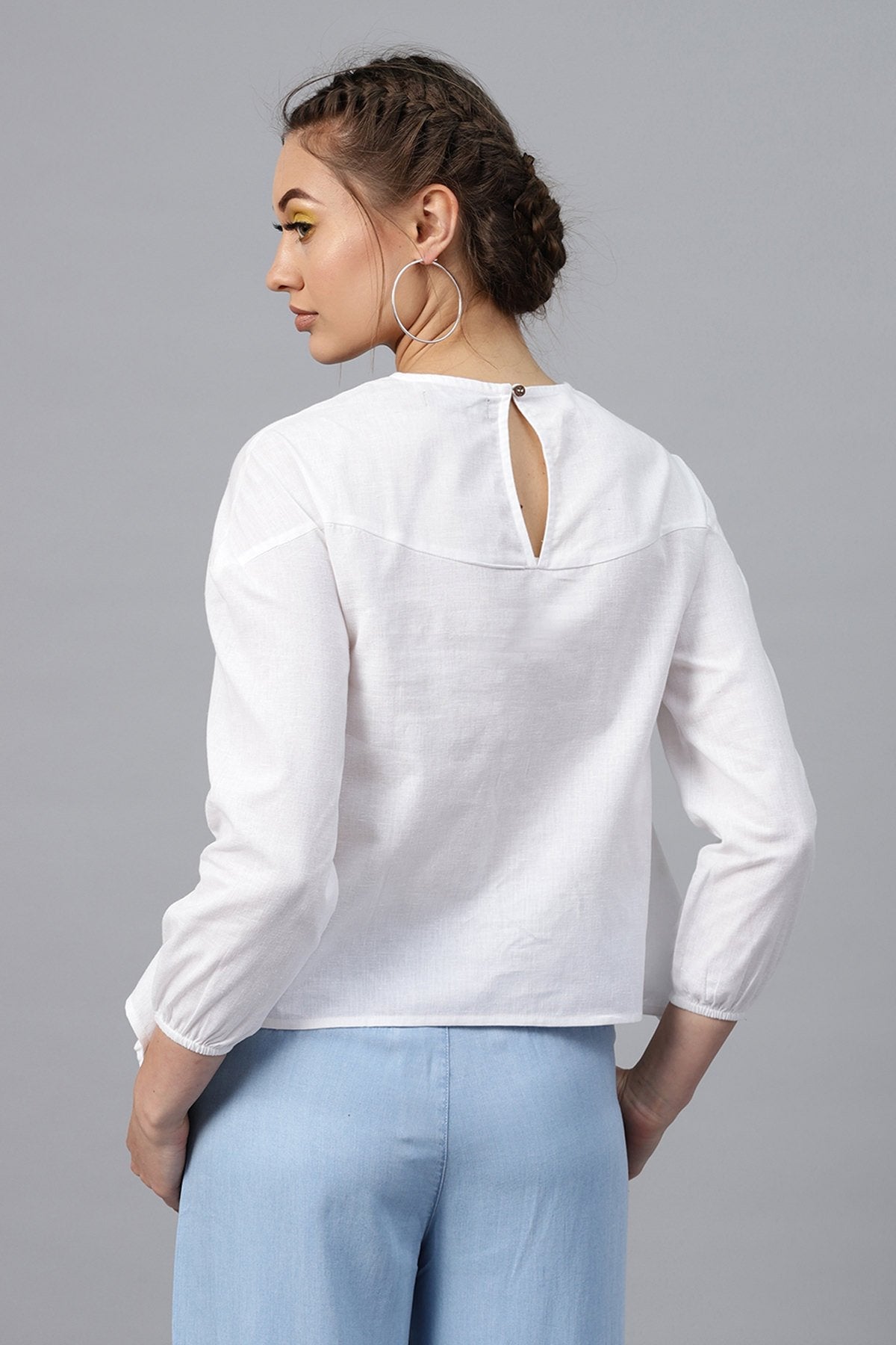 Women's White Neck Embroidered Top