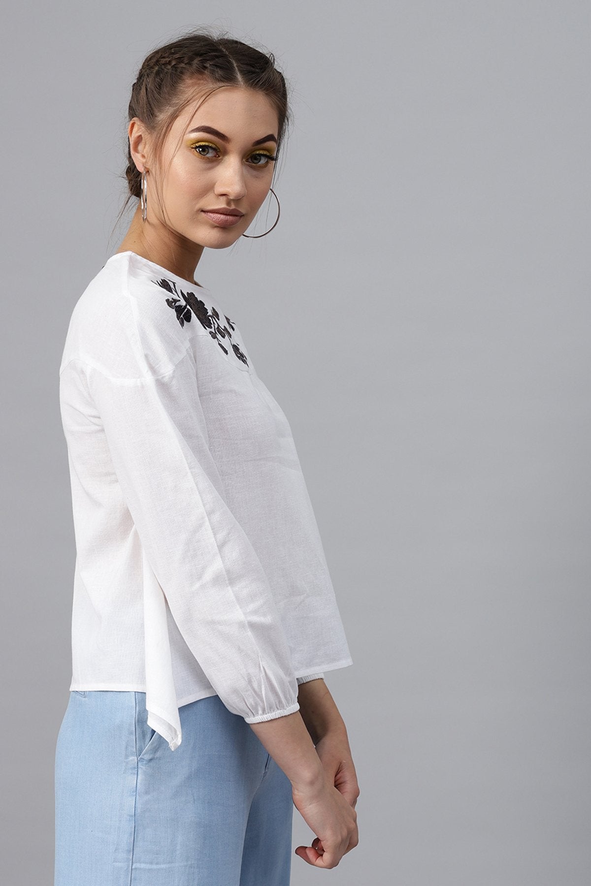 Women's White Neck Embroidered Top