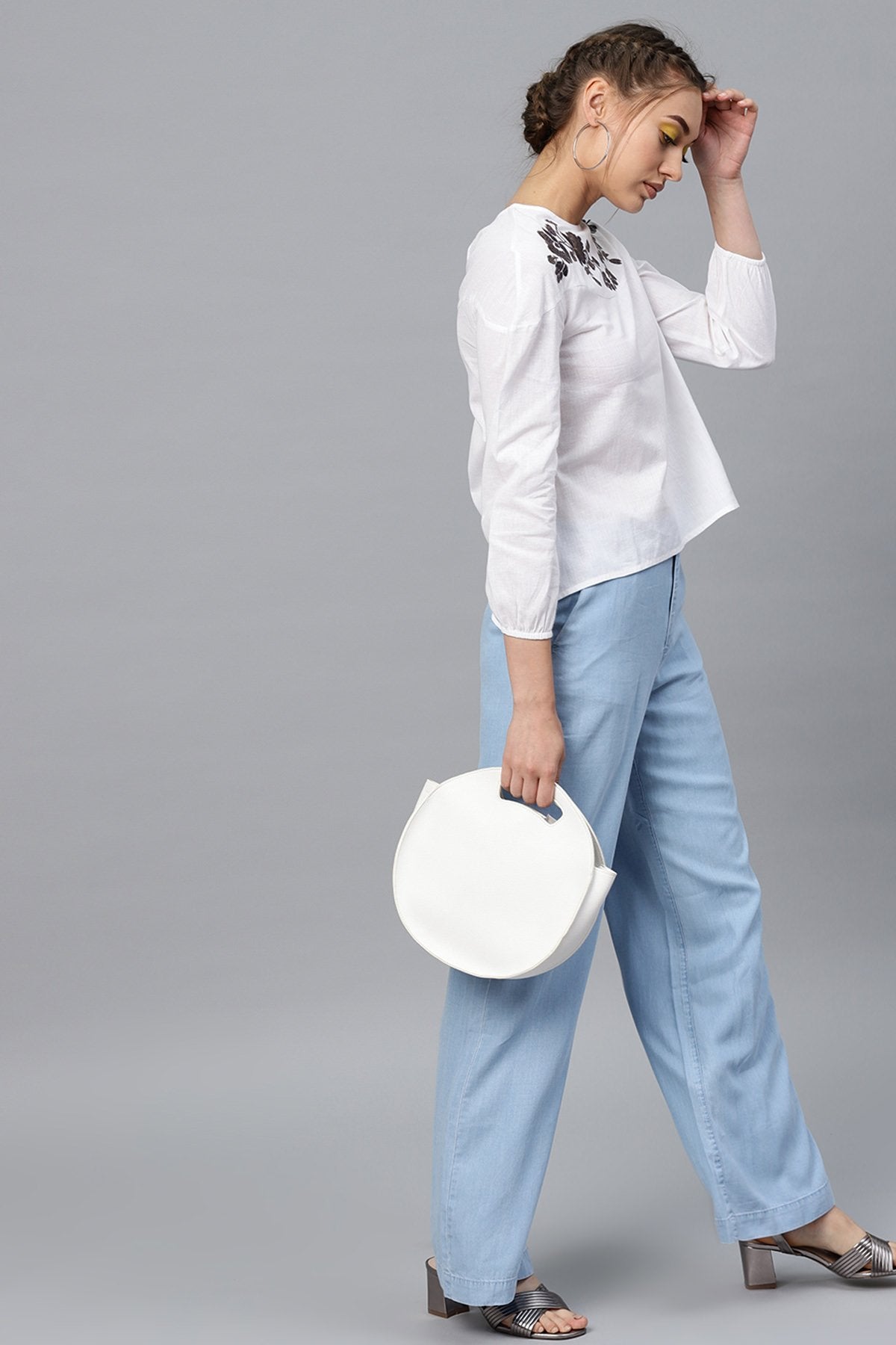 Women's White Neck Embroidered Top