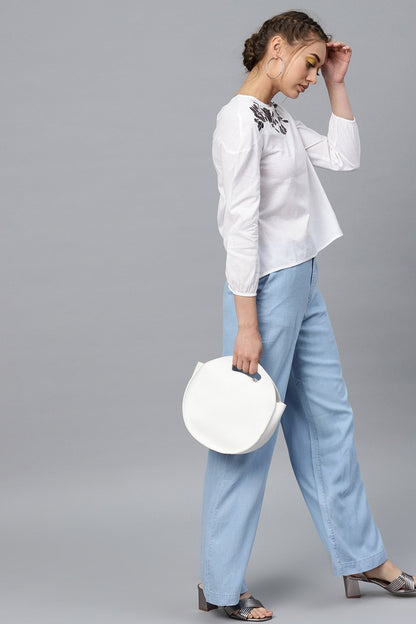 Women's White Neck Embroidered Top