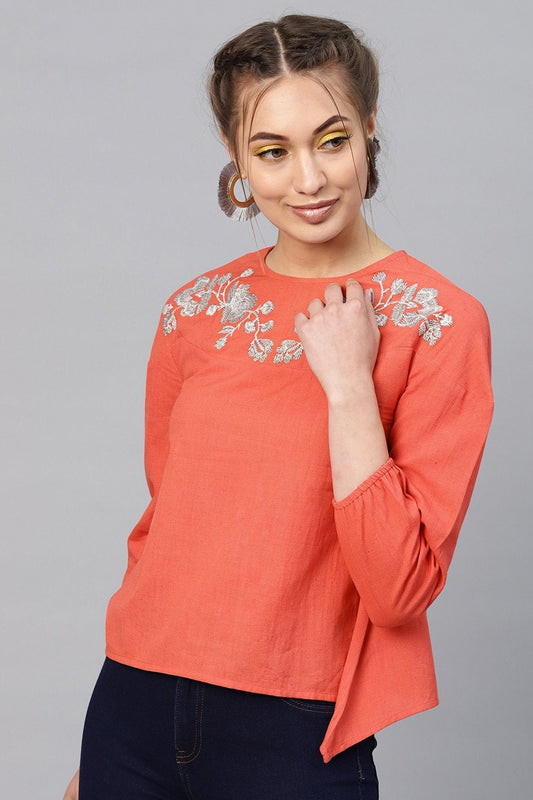 Women's Coral Neck Embroidered Top