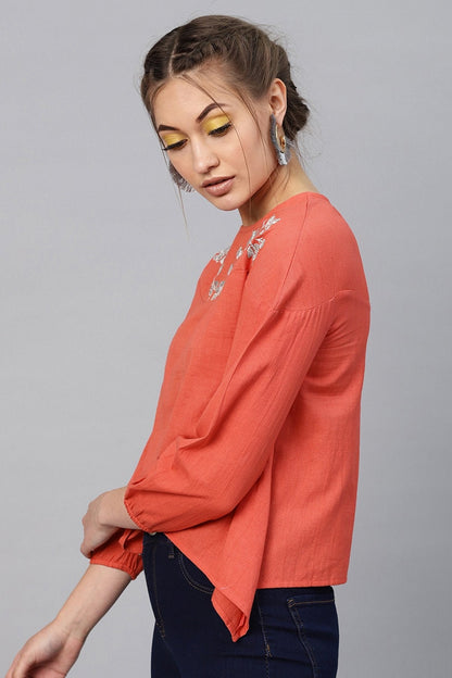 Women's Coral Neck Embroidered Top