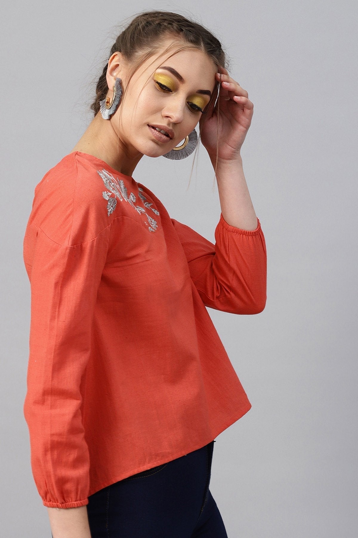 Women's Coral Neck Embroidered Top
